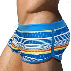 Mutande con spacco laterale, angolo piatto, costume da bagno da uomo, boxer a righe alla moda, pantaloni da spiaggia al mare