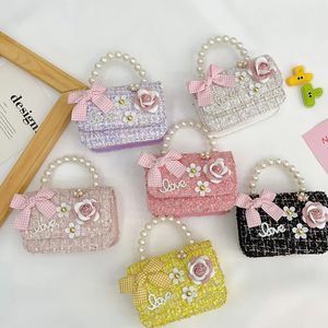 Pearl Kid's Crossbody Bag Money Coin Purse Fashion Handväska Barn Prinsessan axel Messenger Bag Bow-Knot Pocket Pack 240115