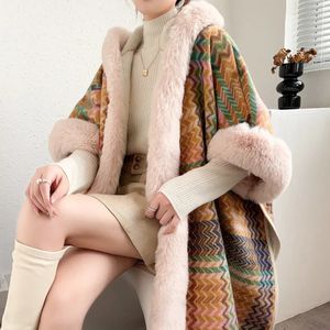Casaco de capa com capuz de viagem de malha cachecol de inverno feminino xale étnico 240115