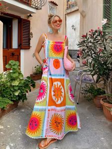 Casual Dresses Letter Cartoon Printed Long Dress Women Holiday Beach High midjeband Backless A-Line Female 2024 Spring Summer Robe