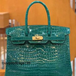 Kvinnors handväskor väskor Kvinnor Betyg Först All Crocodile Manual Leather Bag HCP Shiny Invertered V Bay Porosus Emerald Green 4ZRP