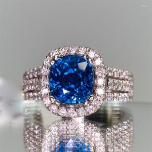 Anéis de cluster Luxuoso S925 Sterling Silver Ring Blue Zircon incrustado com pedras preciosas coloridas jóias de casamento para mulheres