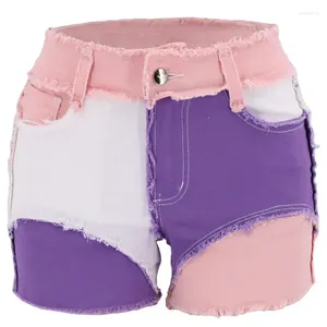 Kvinnors shorts kvinnor avslappnad multicolor mid midja tät montering lapptäcke päls denim sexiga damer gata trendiga jeans korta byxor