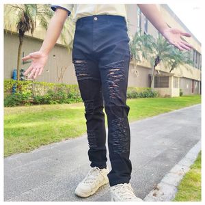 Jeans masculinos marca casual moda para homens slim fit design preto hip hop motociclista rasgado amarelo joelho buraco denim calças