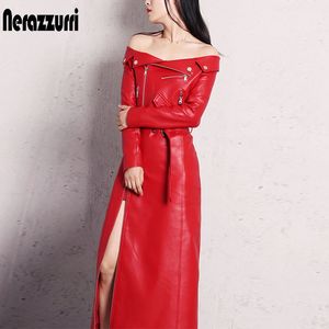 Nerazzurri Spring Autumn Maxi Dresses for Women Slash Neck Red Black Pu Leather Dress Women Lång ärm Runway Elegant klänning 240115