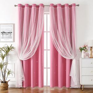 Star Curtain for Girls Bedroom Blackout Curtain Double Layer Sheer Overlay with Bowknot Lace for Kids Room Decor Princess Star 240115