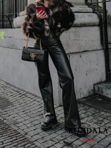 Kondala Casual Xshape Women Pants Tickets dragkedja Slim Flare Fashion 2023 Autumn Streetwear Leather Trousers 240115