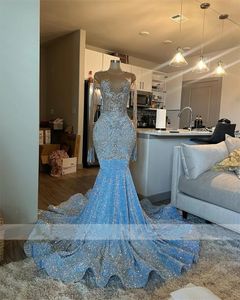 Sparkly Blue Sequined Mermaid Prom Dresses 2024 For Black Girls Long Sleeve Crystal Birthday Dress Beaded Evening Gowns 322