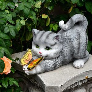 Garden Decorations 1PC LED Solar Resin Cat Butterfly Decorative Garden Lights Garden Ornaments Light Sculptures Outdoor Crafts Animal Decoration YQ240116