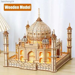 3D -pussel 3D Träpussel House Royal Castle Taj Mahal med Light Assembly Toy for Kids Adult Diy Model Kits Desk Decoration för gåvor