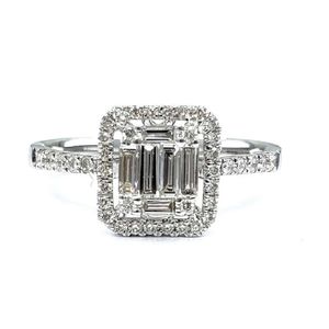 Hongkong Fashion Customized Big Real Diamond Baguette Cluster Engagement Solid White Gold Plated Wedding Ring For Women