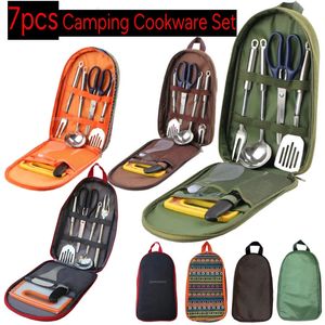 7x Camping Cooking redskap Köksredskap Köksverktyg med Ktchen Spatula Rice Shovel Scissors Soup Spoon Meat Fork för vandring 240116