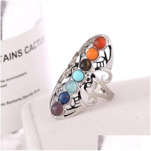 Band Rings Vintage 7 Chakra Stones Yoga Ring Hollow Sier Plated Justerable Thumb Reiki Jewelry 80 N2 Drop Leverans smycken Ring Dhcot