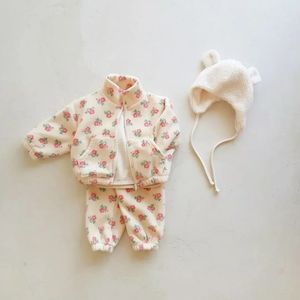 Miniainis Sonbahar Kış Bebek Zip Ceket Ceket Kaldırıcı Pantolon 2 Parça Takım Kızlar Çift Taraflı Kadife Giyim Seti 240116