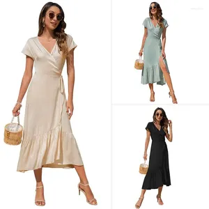 Casual Dresses Summer Solid Beach Dress Women V Neck Short Sleeve Long Bohemian Lace Up Split Ruffle Maxi Sundress Vestidos Ladies