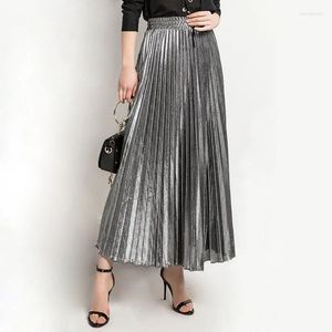 Юбки 2024, весенняя металлизированная плиссированная макси-юбка с высокой талией Harajuku, большие качели, золотистая, длинная для женщин, размер XXL