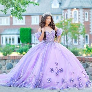 Lavender 3D Floral Lace Princess Quinceanera Dresses Ball Gown Off The Shoulder Tull Corset Sweet 15 Vestidos De XV Anos
