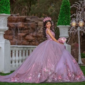 Лавандовое блестящее платье принцессы с открытыми плечами Quinceanera, кружевное бальное платье с аппликацией и цветочными бусинами, сладкое бальное платье 16 Vestidos De 15 Anos
