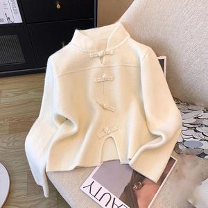 Women's Sweaters Chinese Style Stand Collar Sweater For Women Autumn Winter Irregular High End White Knitted Bottom Tops Pulloovers