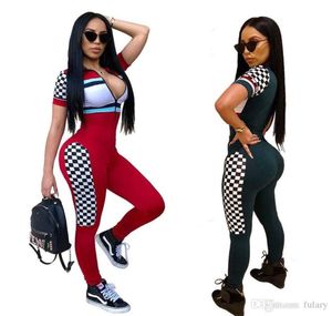 Bodysuit kvinnor nya täta remmar jumpsuit overaller mode tryck sömmar grid sport fitness en bit byxor sommar bodycon pl2553568