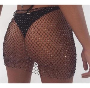 Grid Mesh Hollow Out Mini kjol för kvinnor Fishnet kjol sexig strand nattklubb bikini grödor täcker kristallkedjan t2005078037445