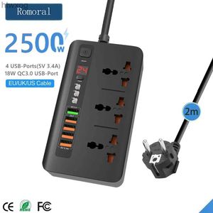 Power Cable Plug 2500W Smart Plug Timer Power Strip 3AC Outlets 18W QC3.0 USB Fast Charger Surge Protector Switch 2M Förlängningskabel för EU US UK YQ240117