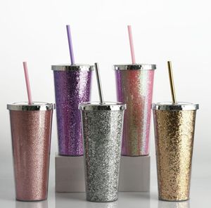 6st 24oz Glitter Straight Plastic Straw Cup with Lid Sports Water Bottle Coated Sequinse Shinny Coffee Ice Water Milk Mug Bar Par2935083