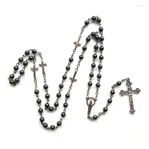 Collane con ciondolo Collana vintage con rosario in pietra nera Croce lunga Gioielli cattolici