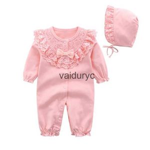 Pullover Baby Girl Rompers One Piece Romper+Hat Long Sleeve Jumpsuit Cotton Lace Toddler Clothing Infant Rompers Princess style Clothes H240508