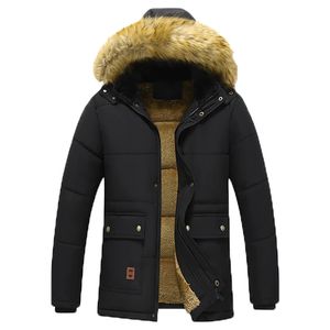 Casual Men Winter Parka Fleece Lined Thick Warm Hooded Fur Collar Coat Male Size 5XL Plush Jacket Work Outwearing Black 240117