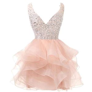 Sweet Sexy Backless Deep V-Neck Crystal Sequins Mini Ball Gown Homecoming Dress With Beading Plus Size Graduation Cocktail Prom Pa2719