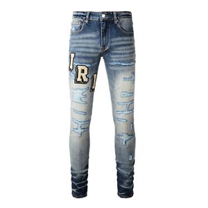 Usa Casual Uomo Lavato Pantaloni a Matita Elasticizzati Adesivi in Stoffa Lettere Blu Vecchi Jeans Strappati Amiryes Taglie Forti Giovani