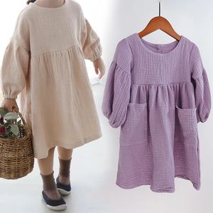 Herbst Frühling Kinderkleidung Bio-Baumwolle Doppelgaze Lose Taschen Baby Mädchen Kleid Mode Prinzessin Casual Kinder Kleider 240116