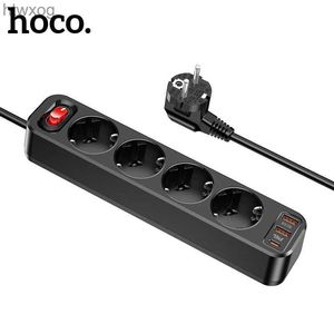 Power Cable Plug Hoco EU/GER Plug QC3.0 PD20W Universal Power Strip Socket 4 Ports 3A USB Snabbladdning Adapter Extension Socket for Home Office YQ240117