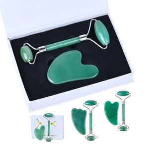 Нефритовый ролик Guasha Gift Set Real Natural Stone Aventurine Pacial Roller Gua Sha Massager Похудка анти морщин -целлюлит