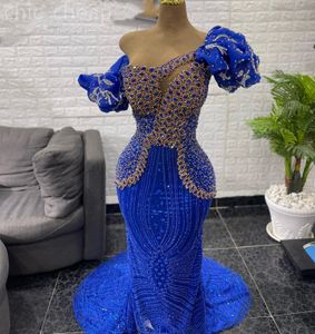 2024 Aso Ebi Royal Blue Mermaid Prom Dress Frisado Cristais Um Ombro Noite Festa Formal Segunda Recepção Aniversário Vestidos de Noivado Vestidos Robe De Soiree ZJ49