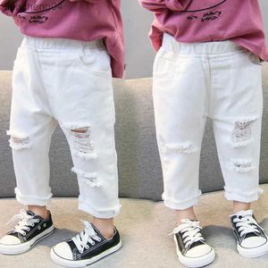 Jeans 2023 primavera outono bebê meninas jeans rasgados crianças crianças buraco quebrado calças cor branca meninas cintura elástica calças jeans