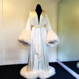 Women's Evening Dresses Robe Nightgown Bathrobe Pajamas Sleepwear With Fur Train Long Sleeve Jackets Bridesmaid Shawel276g