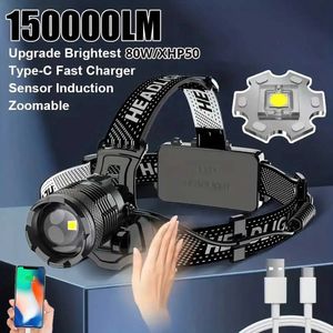 150000 Yüksek Lümen LED Senson far 80W Parlak El Flashlight 8 Mod Zoom IP68 Kamp Avcılığı için Su Geçirmez Kafa Lambası 240117