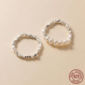 クラスターリング弾性コードサイズ53-58mm 925女性用スターリングシルバーパール調整可能なファッションジオメトリビーズリングガールズ