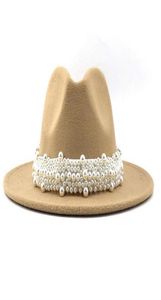 Wool Jazz Fedora Top Hats Casual Women Pearl Ribbon Feel Hat Panama Trilby Formal Party Cap 5861cm 17 Colors6391431