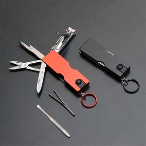 Outdoor Multifunction Mini Keychain Knife LED Light Nail Clipper Earpick Scissors Tweezer Pocket EDC Tools Multi Hiking Gears 240117