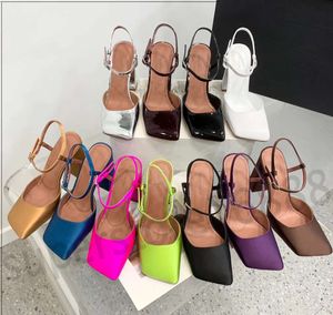 2024 Amina Muaddi Square Begum Satin Toe Pumps 95mm Block Heeled Outsole Leather Sandals Women's Evening Shoes Sandal with Box