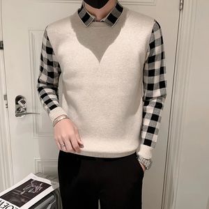 Brand Clothing Men Keep warm in Winter Shirt Stitching SweatersMale Slim Fit Fake two piece Casual Knit Shirts S3XL 240116