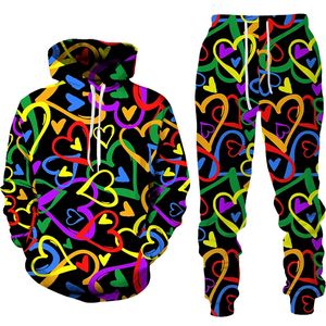 Women 2 Piece Set Spring Autumn Love Graffiti 3D Printed Hooded Pulloverlong Pants Overized Hoodies Female Clothing 240116