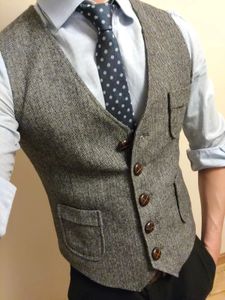 Herren-Anzugweste mit V-Ausschnitt, Tweed-Fischgrätenmuster, Business-Anzugwesten für Hochzeit 240117