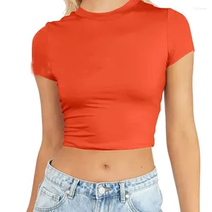 Женские футболки 2024, оранжевые женские повседневные футболки с короткими рукавами и круглым вырезом, универсальные укороченные топы, мягкие облегающие модные футболки, блузки