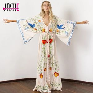 Jastie besticktes Damen-Maxikleid mit V-Ausschnitt, Fledermausärmel, lockere, übergroße Sommerkleider, Kordelzug an der Taille, Boho-Strand, Vestidos 240116