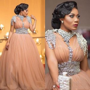 Aso Ebi Major Beading Evening Dresses Beaded Collar Short Sleeves Sequins Sash Plus Size Prom Dress Dubai Arabic vestidos de noite205R