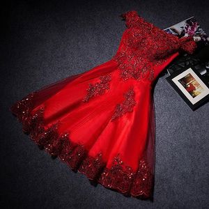 Princess Red Evening Dresses Elegant Off the Shoulder Bride Gown with Appliques Short Ball Prom Party Homecoming Graduation Formal219P